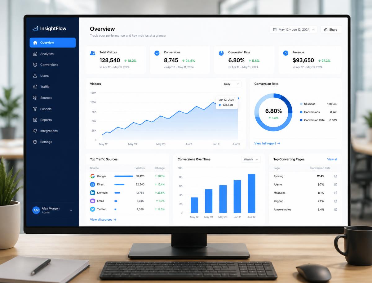 Painel de resultados mostrando crescimento de visitas e conversões
