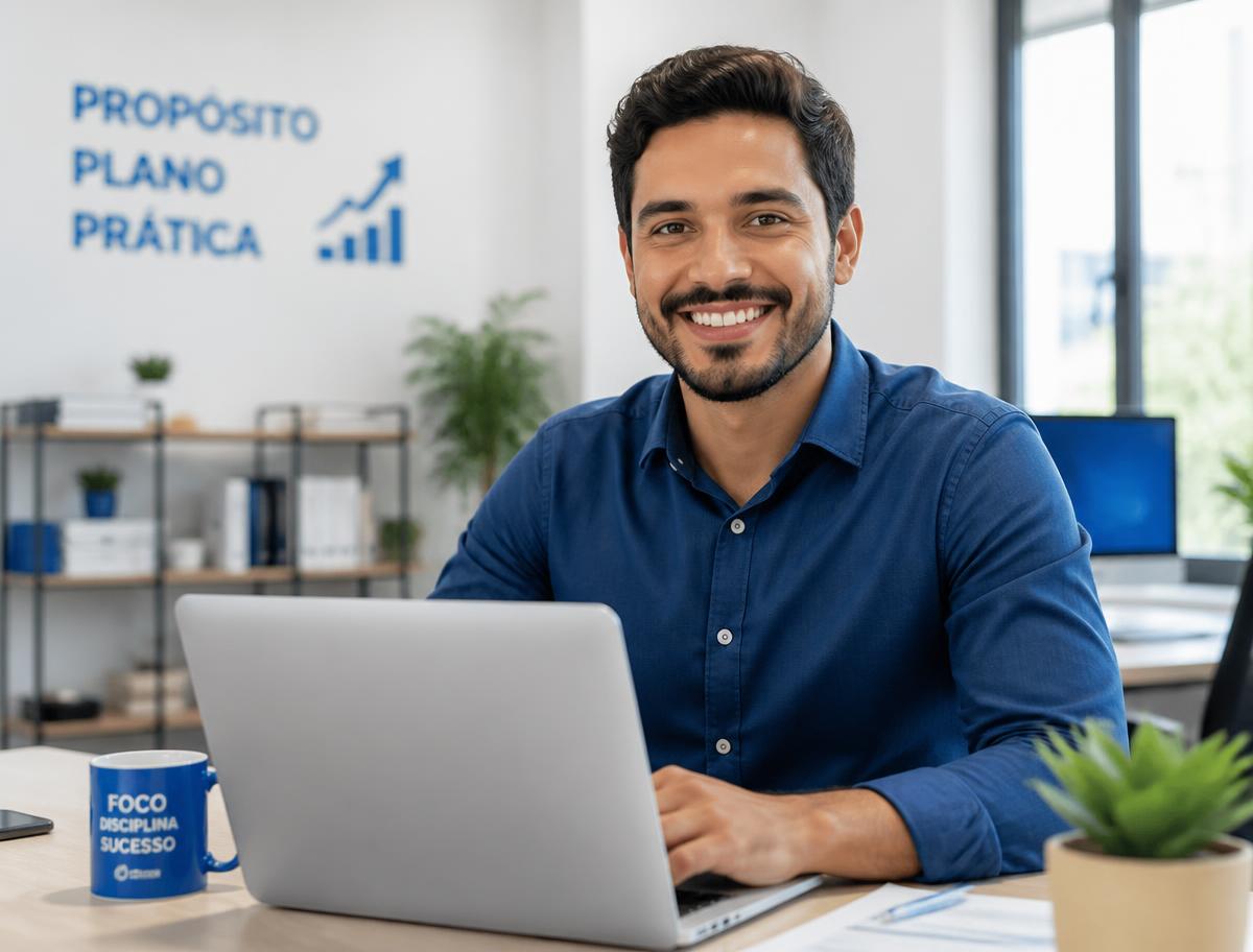 Empreendedor sorrindo enquanto trabalha no notebook em um escritório iluminado